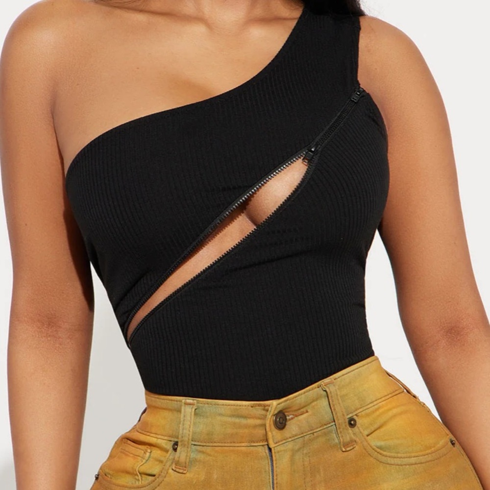 Fashion Nova Black Asymmetrical Cut Out Bodysuit
